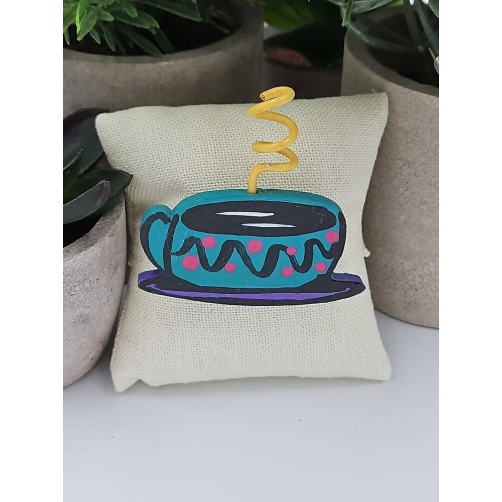 Vintage 80s Coffee Cup Brooch Handmade Carved Wood Whimsical Handpainted Art